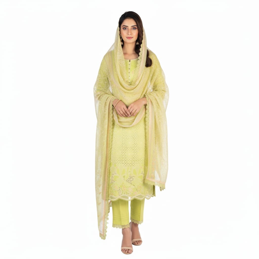 Silakaari Rangrasiya Pista Green All Over Chikan Organza Premium Ready-Made Dress