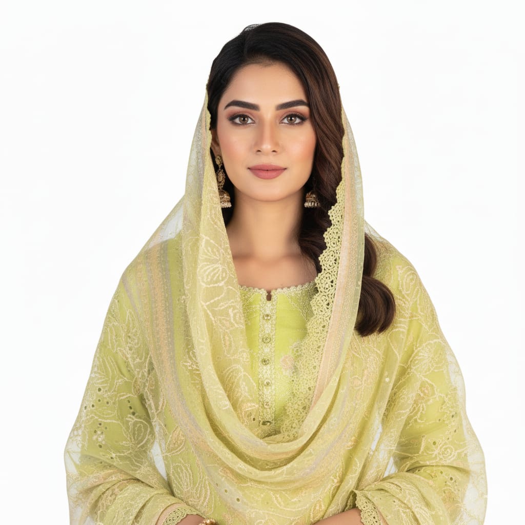 Silakaari Rangrasiya Pista Green All Over Chikan Organza Premium Ready-Made Dress