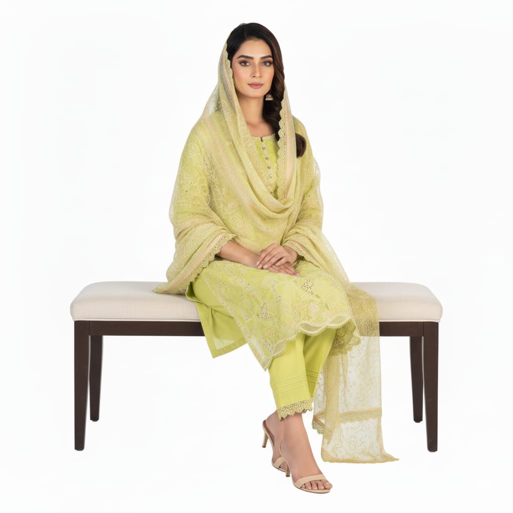 Silakaari Rangrasiya Pista Green All Over Chikan Organza Premium Ready-Made Dress