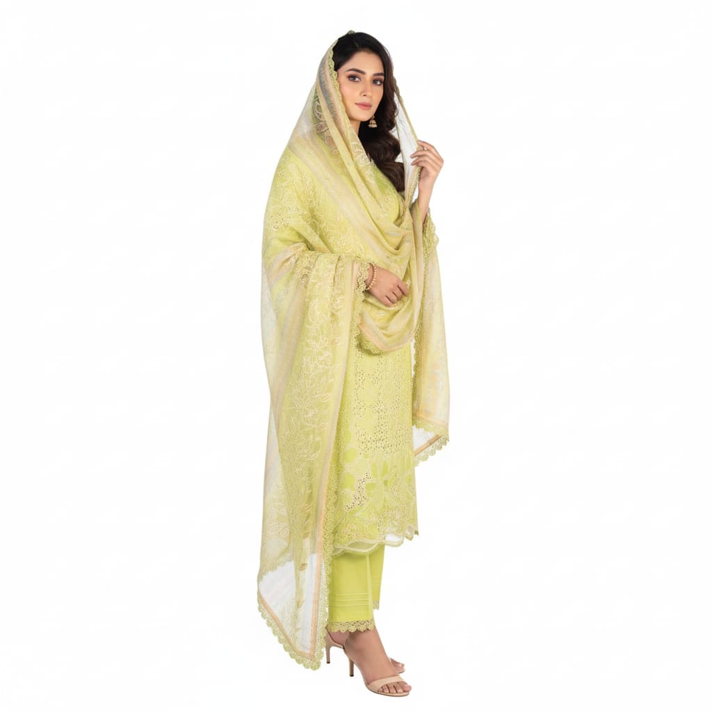 Silakaari Rangrasiya Pista Green All Over Chikan Organza Premium Ready-Made Dress