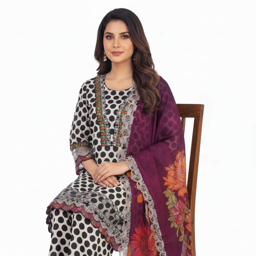 Silakaari Farhat Polka Dot Pure Lawn Beige-Black Luxury Ready-Made Dress