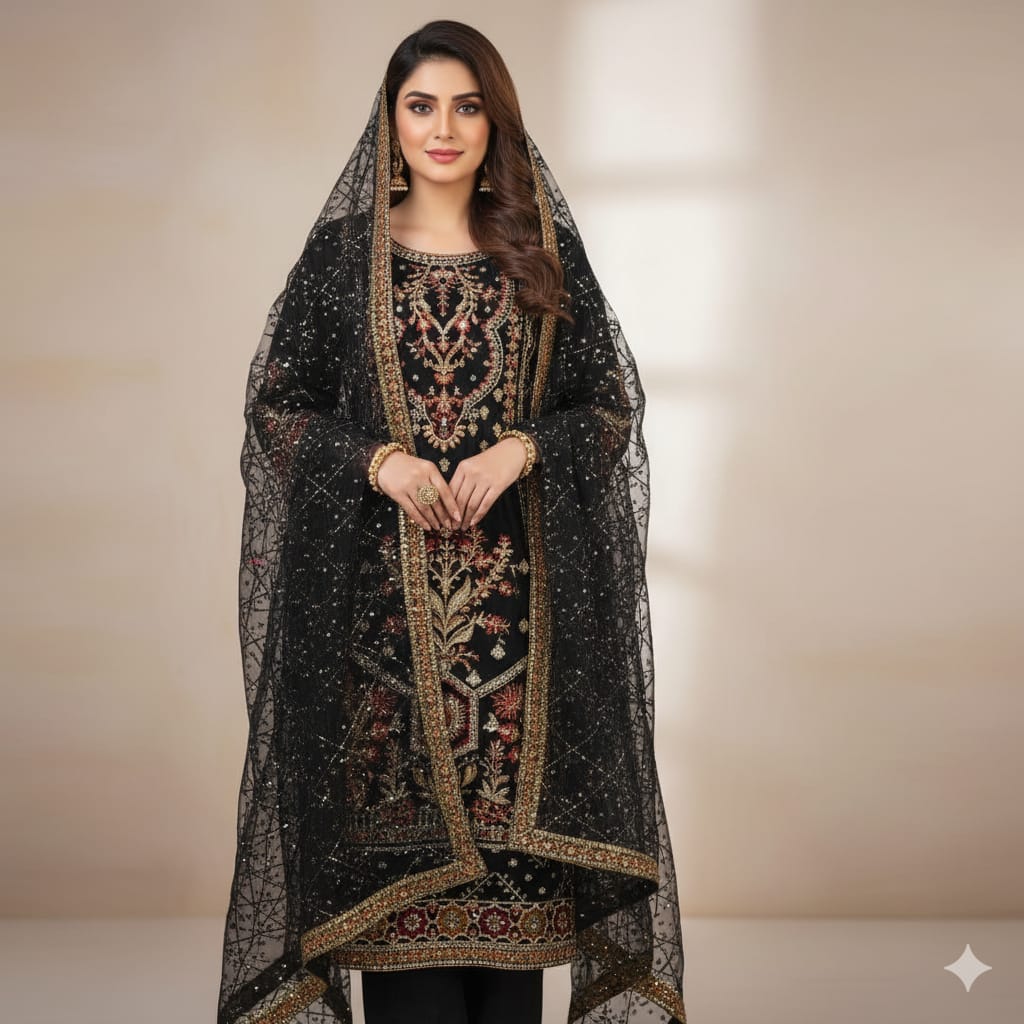 Silakaari Nimat Black-Multi Heavy Sequin Kundan Work Fancy Ready-Made Dress