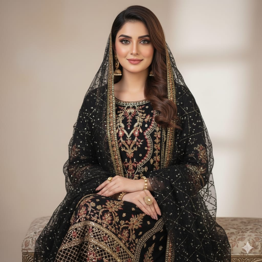 Silakaari Nimat Black-Multi Heavy Sequin Kundan Work Fancy Ready-Made Dress