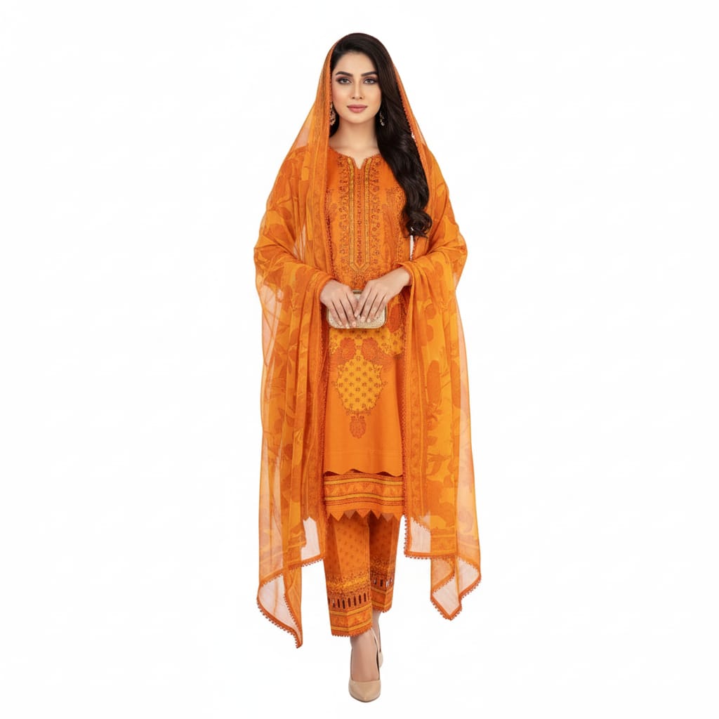 Silakaari Dhun Orange Pure Lawn Printed Lacy Embroidery  Ready-Made Dress