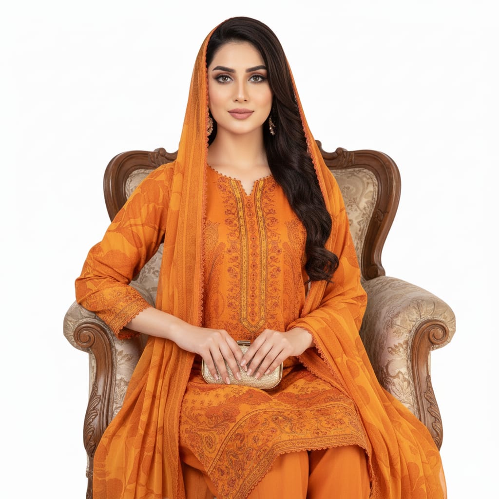 Silakaari Dhun Orange Pure Lawn Printed Lacy Embroidery  Ready-Made Dress