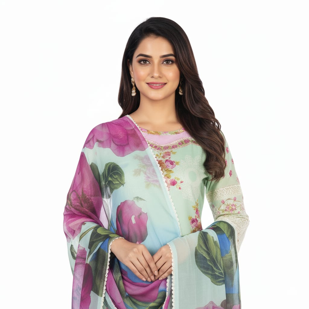 Silakaari Haseen Floss Green Pure Lawn Floral Organza Patch Work Premium  Ready-Made Dress