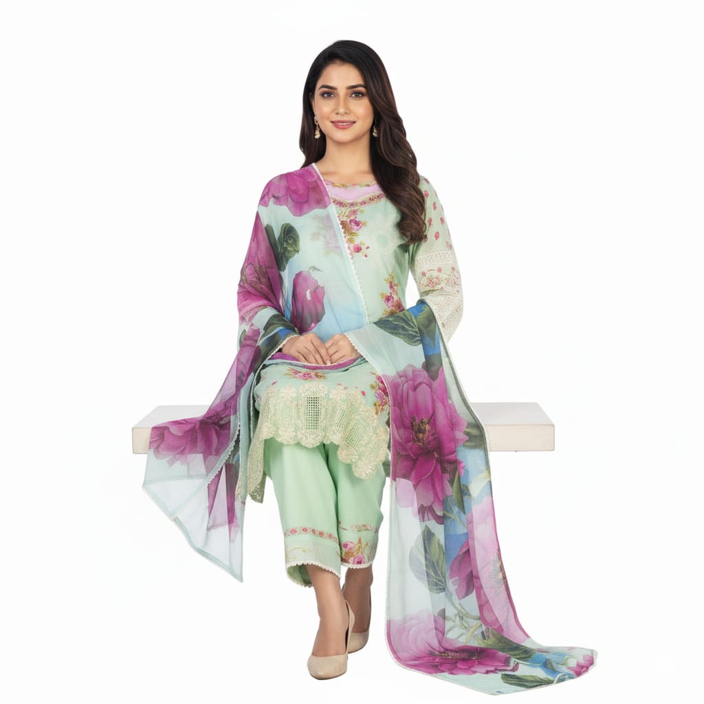 Silakaari Haseen Floss Green Pure Lawn Floral Organza Patch Work Premium  Ready-Made Dress
