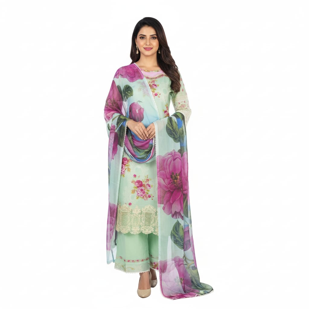 Silakaari Haseen Floss Green Pure Lawn Floral Organza Patch Work Premium Ready-Made Dress