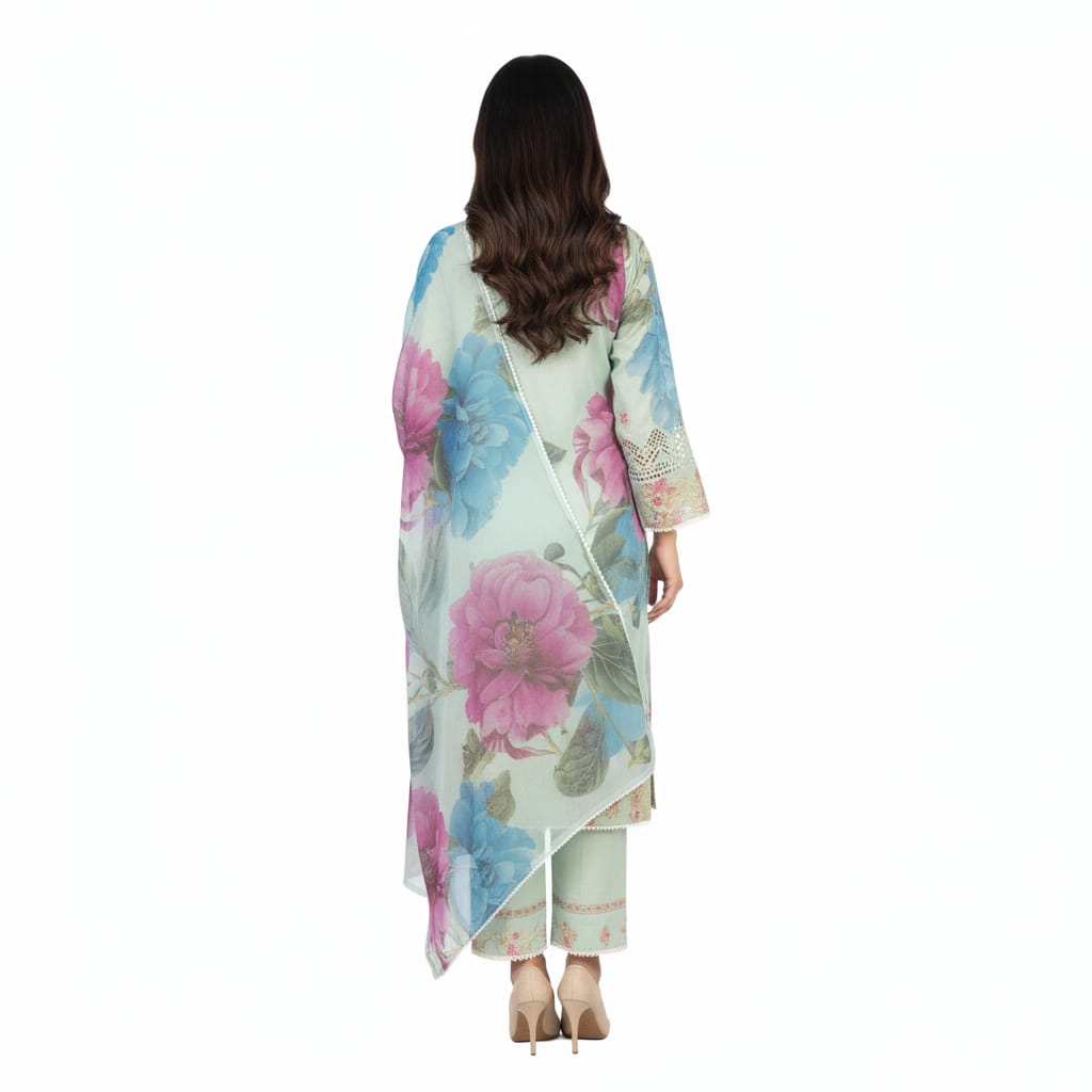 Silakaari Haseen Floss Green Pure Lawn Floral Organza Patch Work Premium  Ready-Made Dress