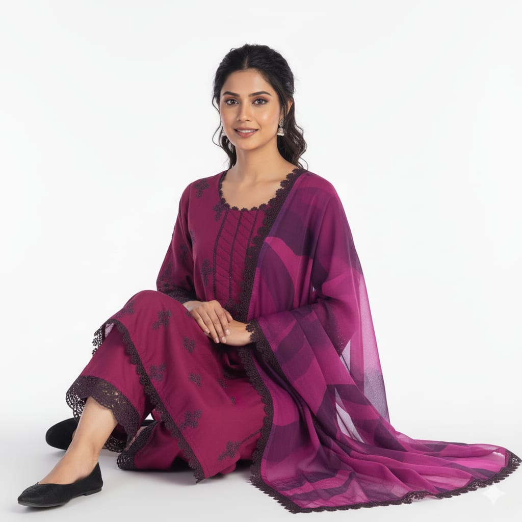 Silakaari Ehsaas Magenta Heavy Lacy Pure Lawn Sequin Embroidery  Ready-Made Dress