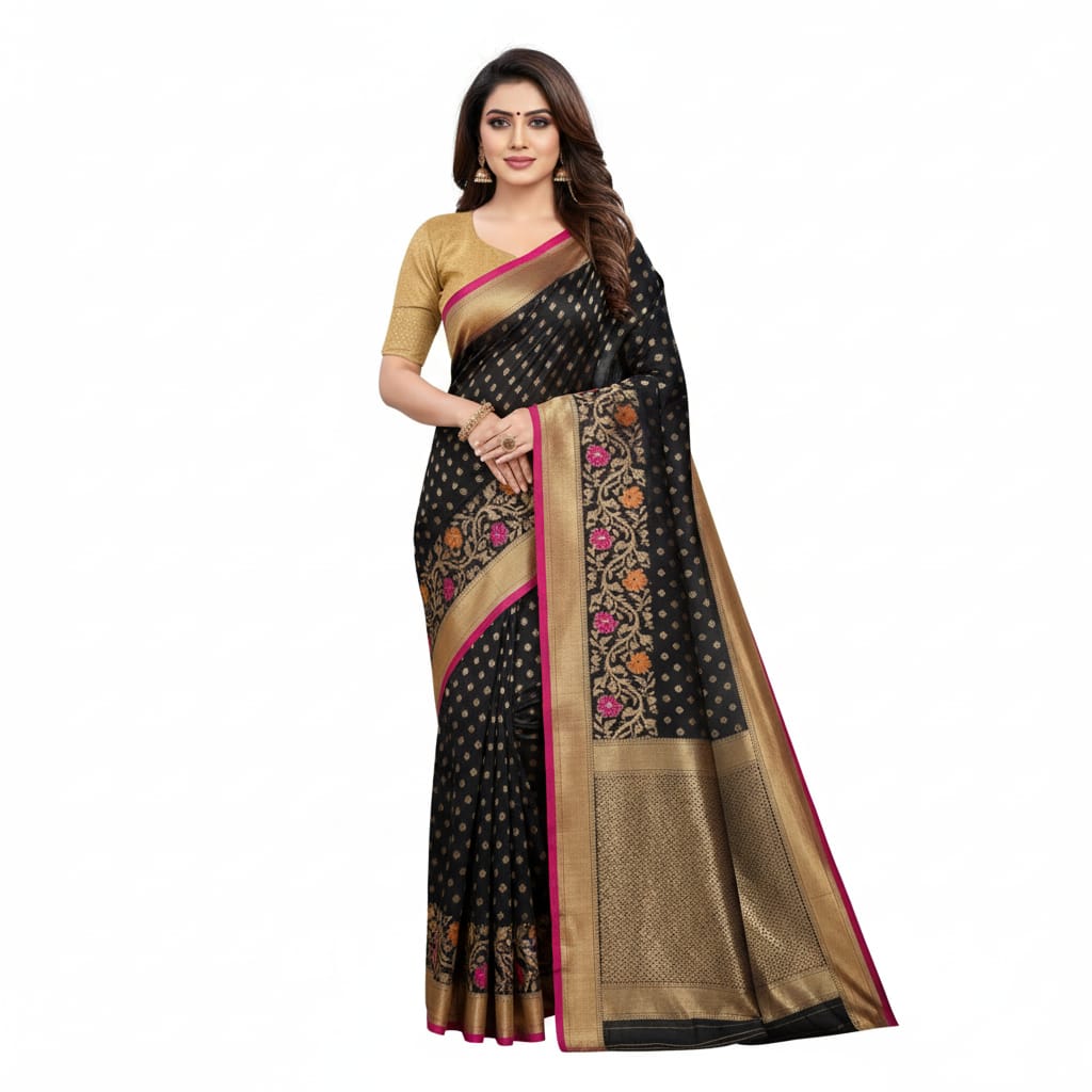 Silakaari Ada Navy Blue-Hot Pink Pure Floral Silk Banarasi Saree