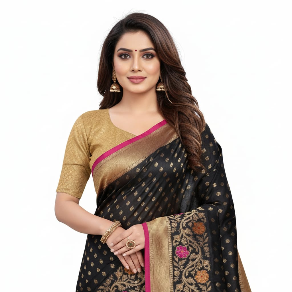 Silakaari Ada Navy Blue-Hot Pink Pure Floral Silk Banarasi Saree
