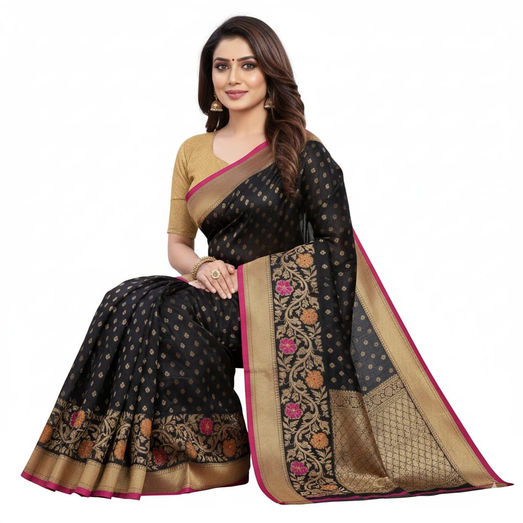 Silakaari Ada Navy Blue-Hot Pink Pure Floral Silk Banarasi Saree