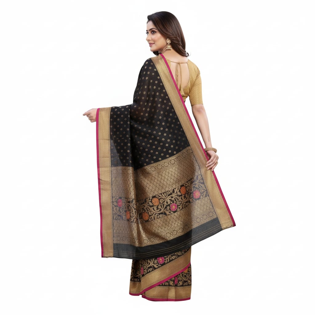 Silakaari Ada Navy Blue-Hot Pink Pure Floral Silk Banarasi Saree