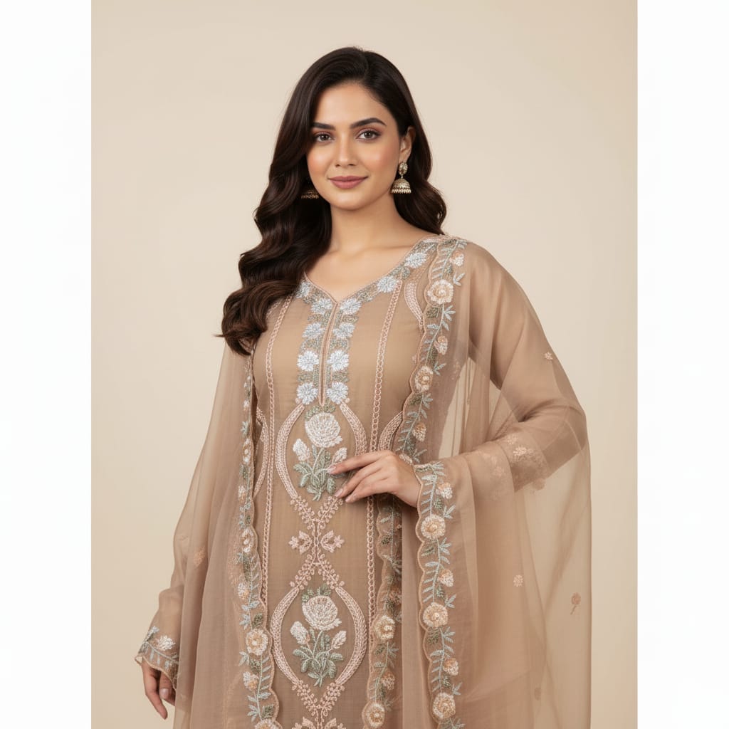 Silakaari Alfaaz Brown Pure Organza Heavy Dimond Embroidery Unstitched Suits