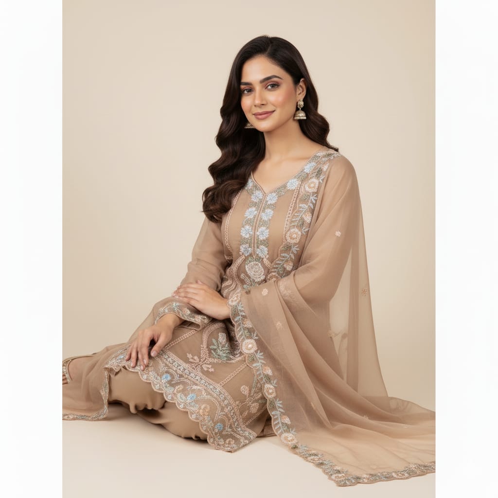 Silakaari Alfaaz Brown Pure Organza Heavy Dimond Embroidery Unstitched Suits