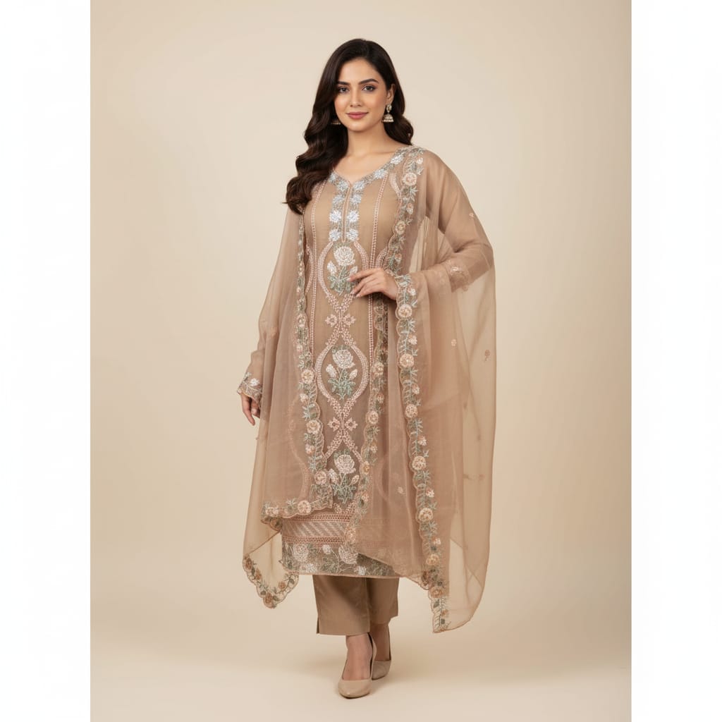 Silakaari Alfaaz Brown Pure Organza Heavy Dimond Embroidery Unstitched Suits