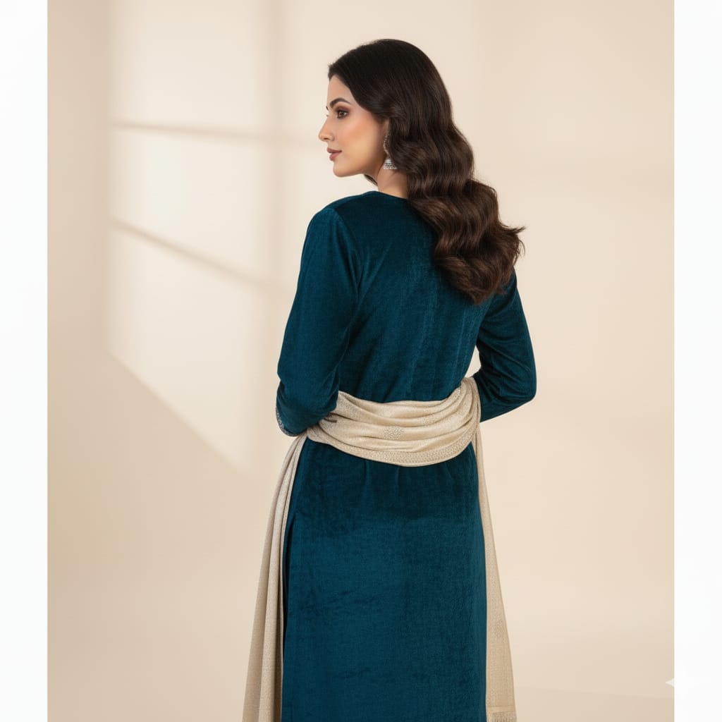 Silakaari Mahima Turquoise Dimond Pure Velvet Fancy Bridal Kurti Pant Set