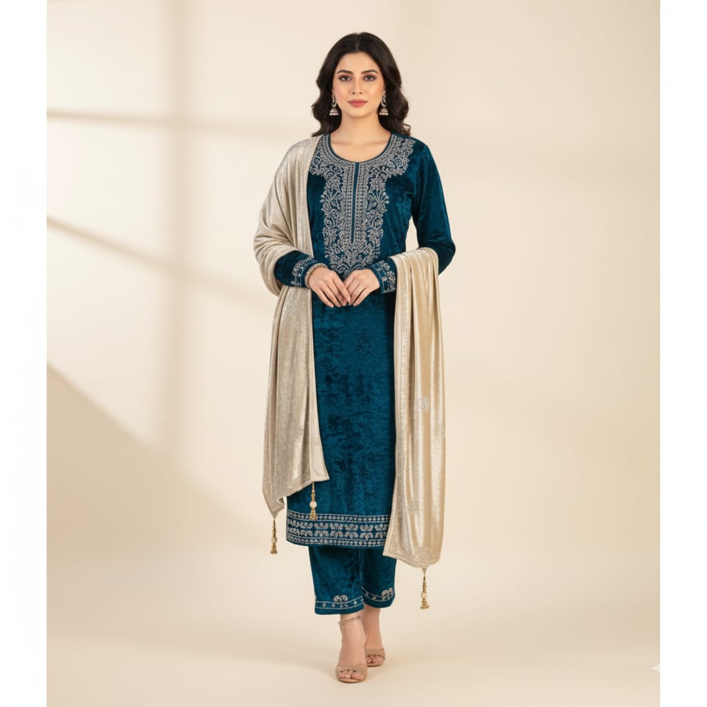 Silakaari Mahima Turquoise Dimond Pure Velvet Fancy Bridal Kurti Pant Set