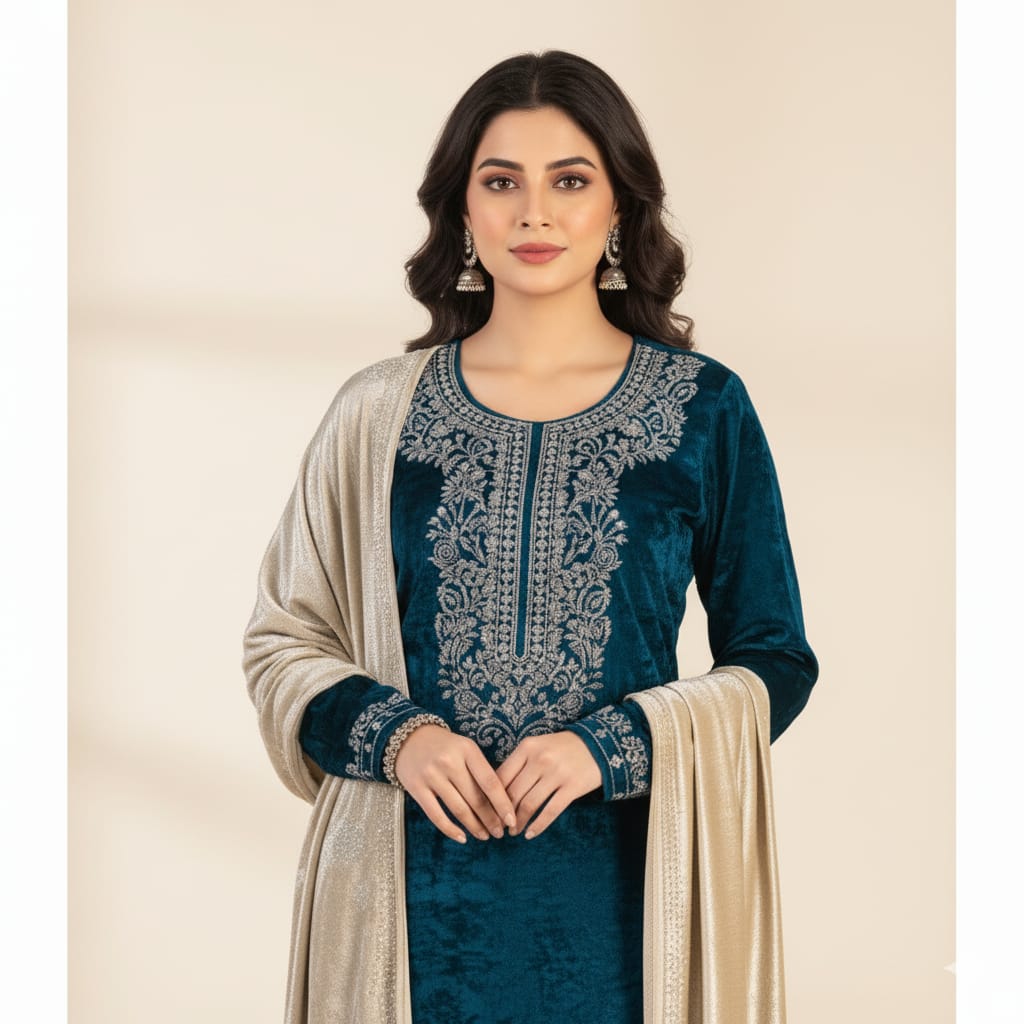 Silakaari Mahima Turquoise Dimond Pure Velvet Fancy Bridal Kurti Pant Set