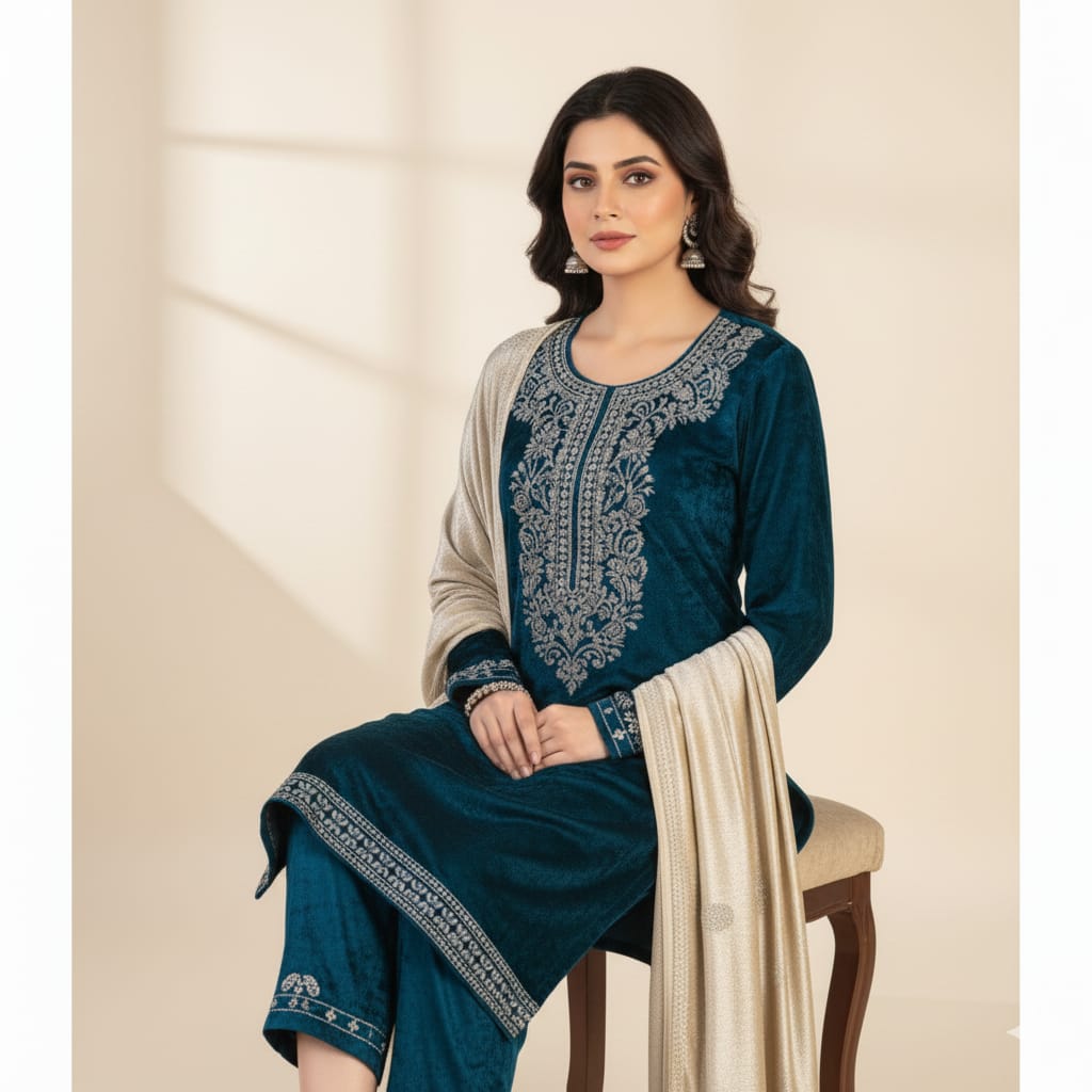 Silakaari Mahima Turquoise Dimond Pure Velvet Fancy Bridal Kurti Pant Set