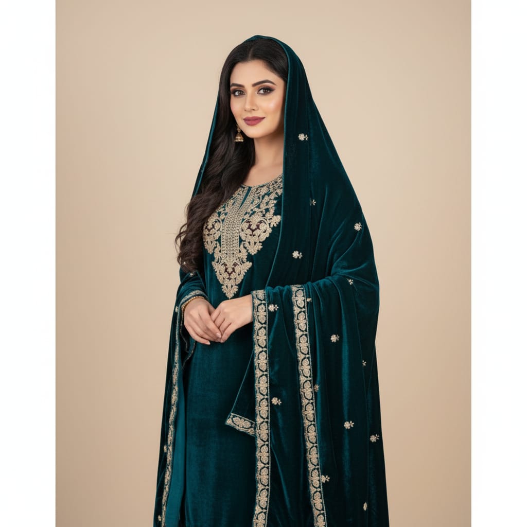 Silakaari Dilkash Dark Green Gold Sequin Patch Zardosi Pure Velvet Bridal Kurti pant set