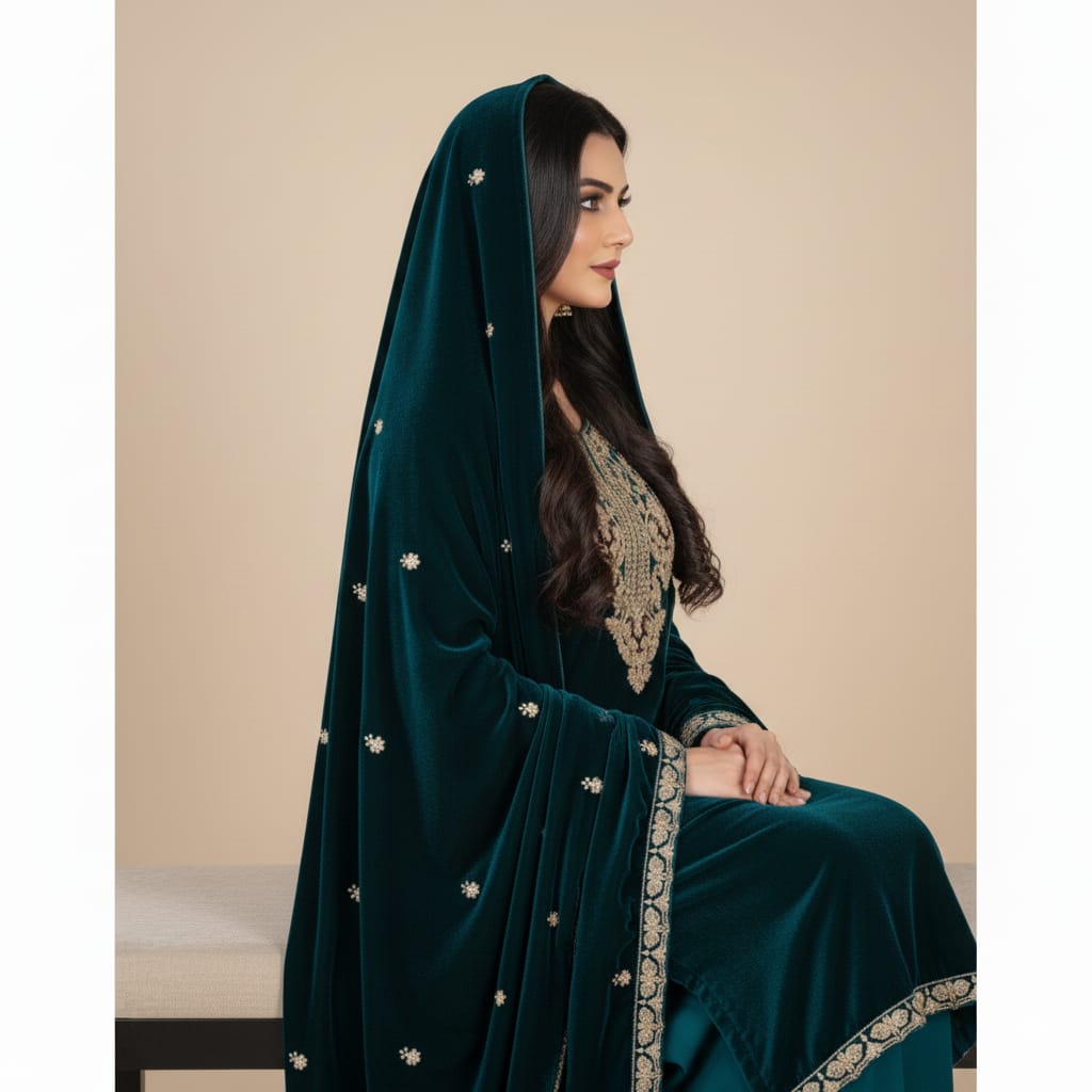 Silakaari Dilkash Dark Green Gold Sequin Patch Zardosi Pure Velvet Bridal Kurti pant set