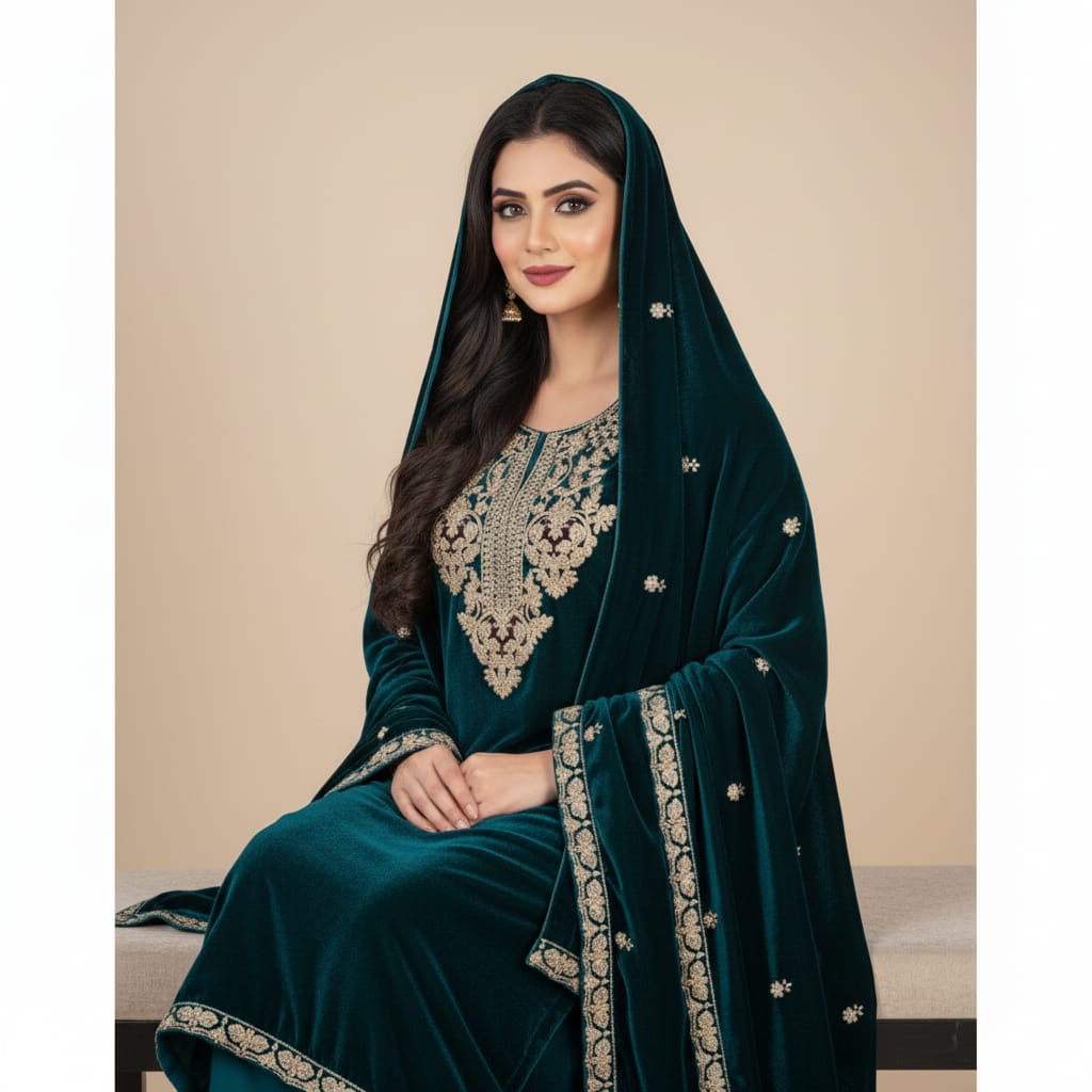 Silakaari Dilkash Dark Green Gold Sequin Patch Zardosi Pure Velvet Bridal Kurti pant set