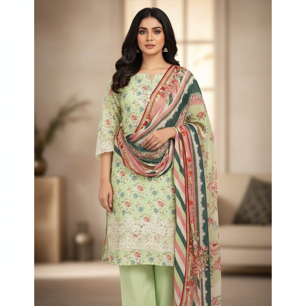 Silakaari Nawazish Pista Green Pure Lawn Chikan Cut Work Fancy Unstitched Suits
