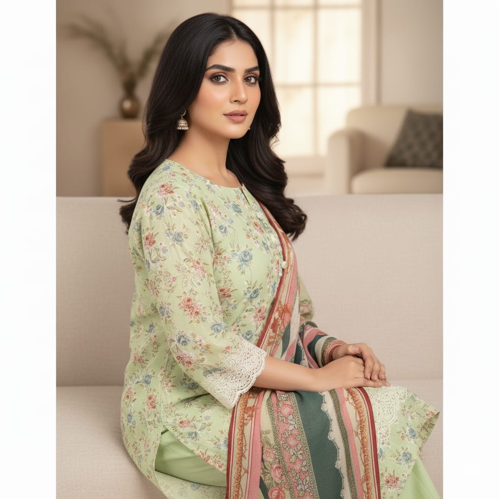 Silakaari Nawazish Pista Green Pure Lawn Chikan Cut Work Fancy Unstitched Suits