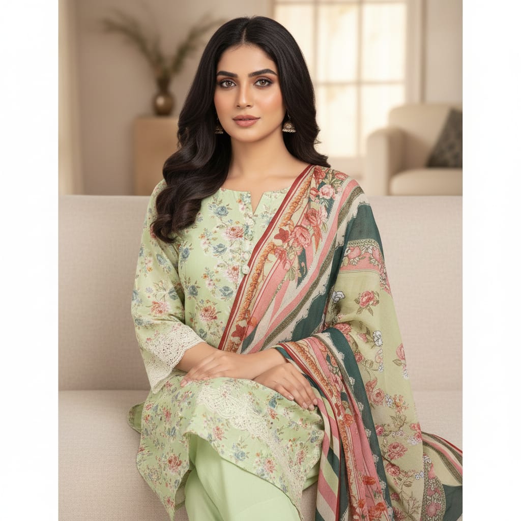Silakaari Nawazish Pista Green Pure Lawn Chikan Cut Work Fancy Unstitched Suits