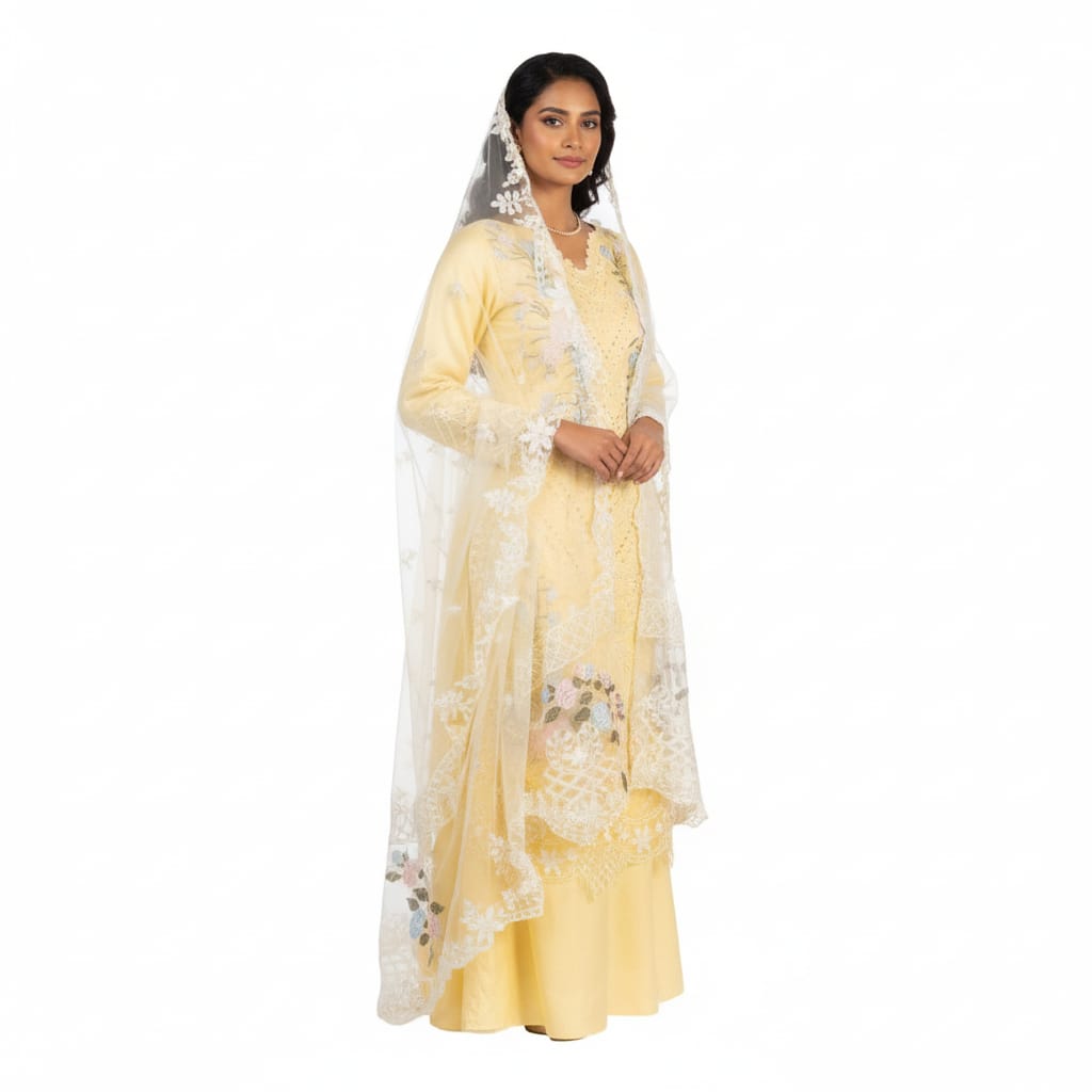 Silakaari Noorani Pure Lawn Beige Heavy Embroidery Organza Patch Work Unstitched  Suits