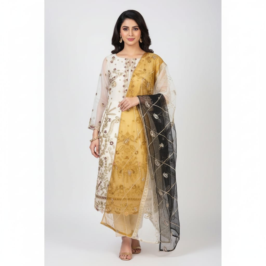 Silakaari Ronak Pure Organza Cream-Maroon Golden Zari Sequin Unstitched Suits