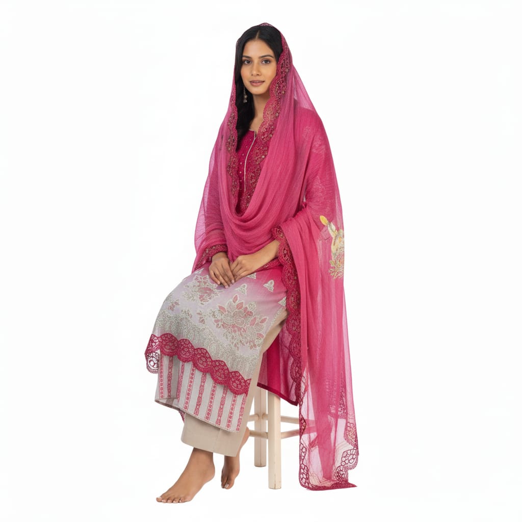 Silakaari Ayaan Magenat Printed Pure Lawn Sequin Patch Work Premium  Ready-Made Dress