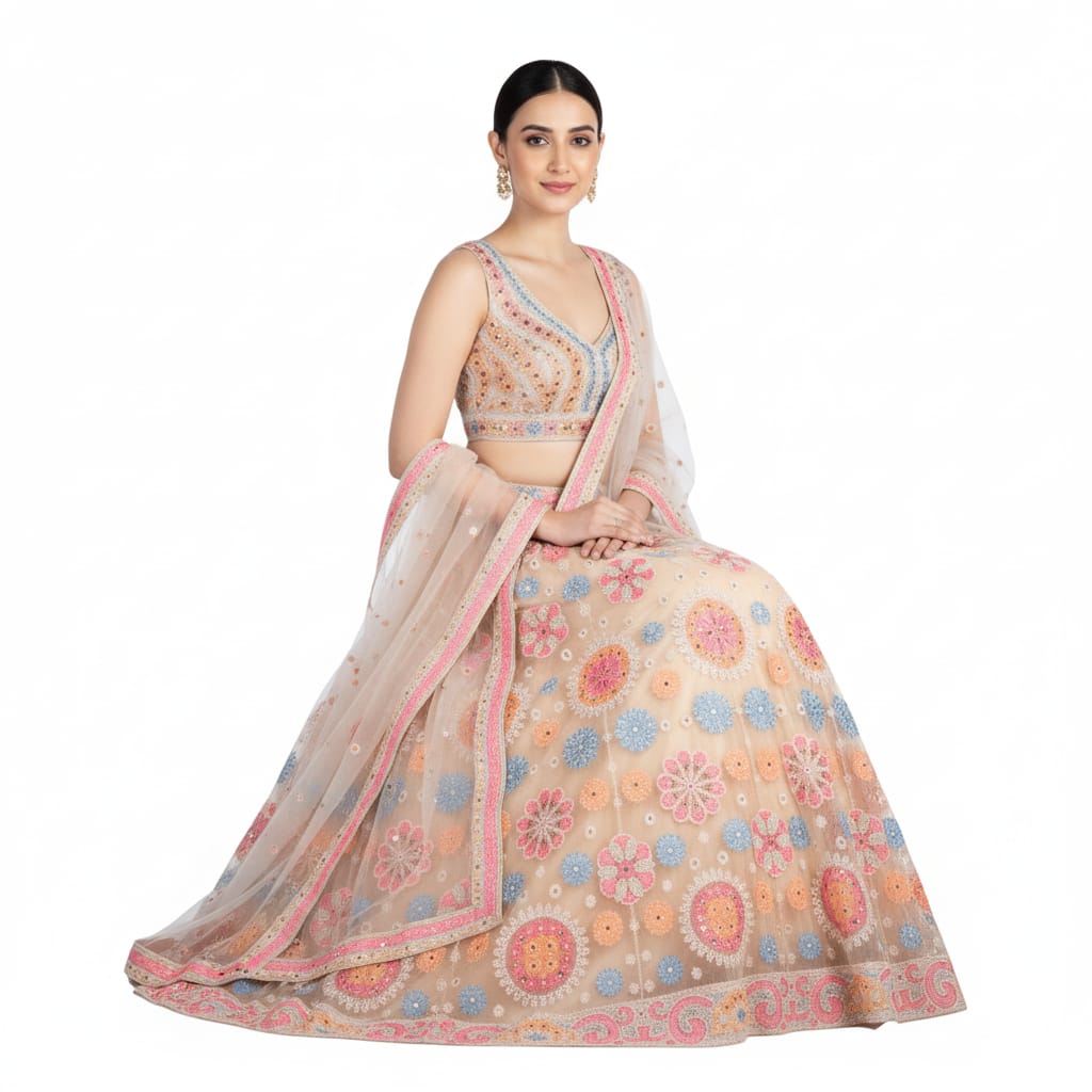 Silakaari Beige Pure Net Heavy Embroidery Mirror Thread Work Unstitched Lehenga Sharara Set