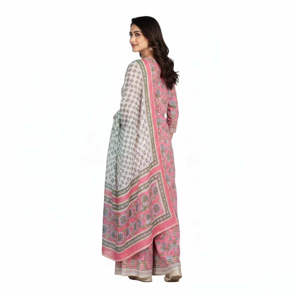 Silakaari Pink Dutch Floral Cotton Gota patti Hand block Short Kurti with Sharara Set