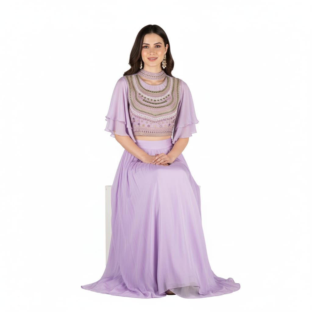Silakaari Light Purle Fancy Pure Pearl Work Heavy Chiffon Lehenga Sharara set