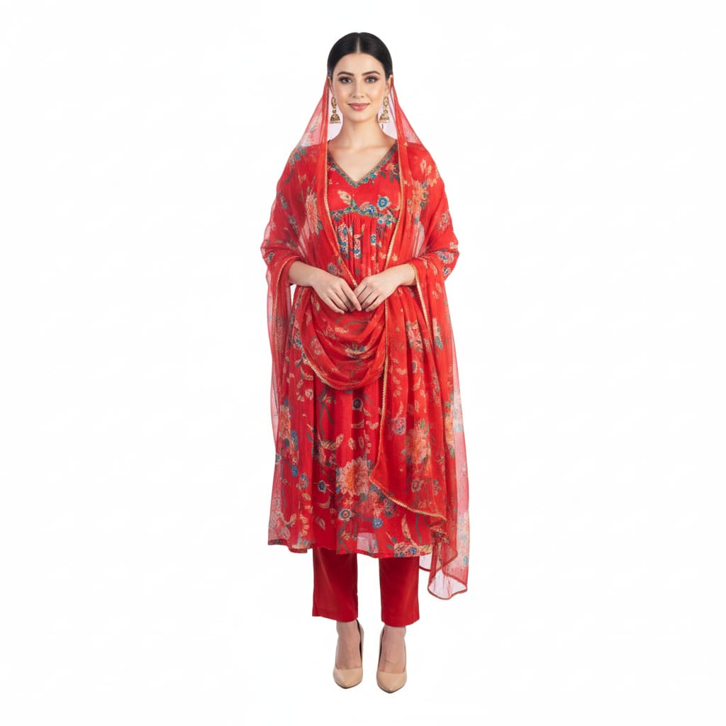 Silakaari Carrot Alia Style Pure Chinon Hand-work Kurti Set with Dupatta