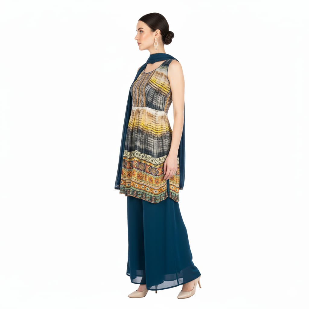 Silakaari Shehnaaz Teal Blue Mirror Front Panel Chinon Garara Set With Dupatta