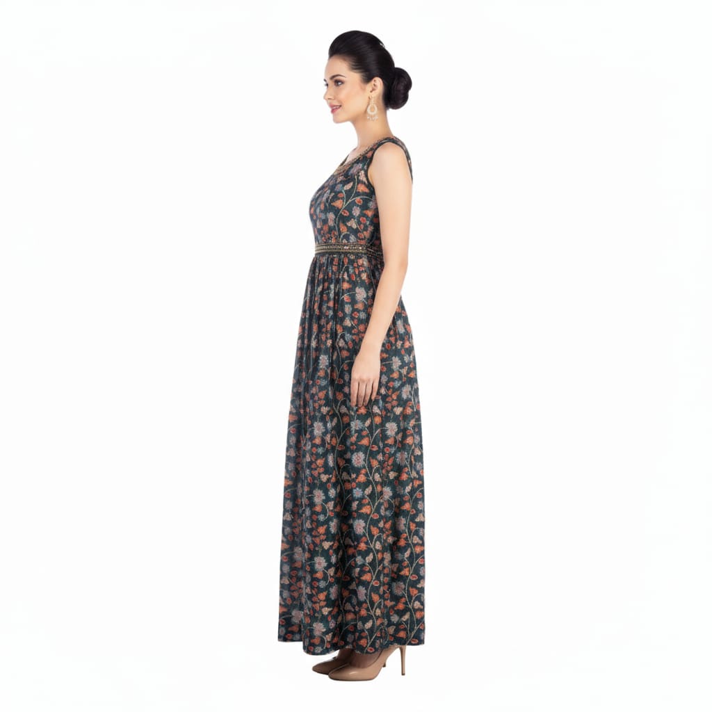 Silakaari Soul Dark Green Floral Printed Ethnic Gown