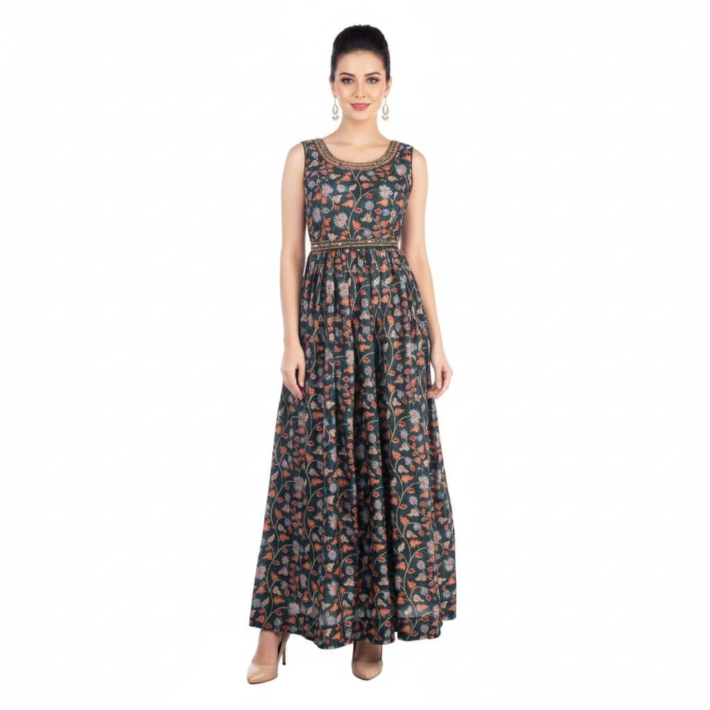 Silakaari Soul Dark Green Floral Printed Ethnic Gown
