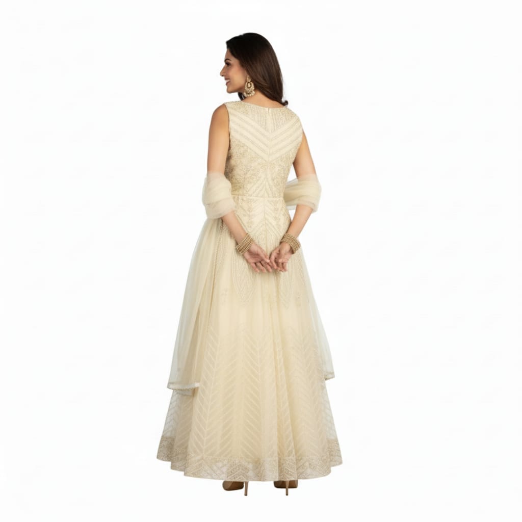 Silakaari Light Green Net Evening Gown with Pearls Sequins Diamond Embroidery