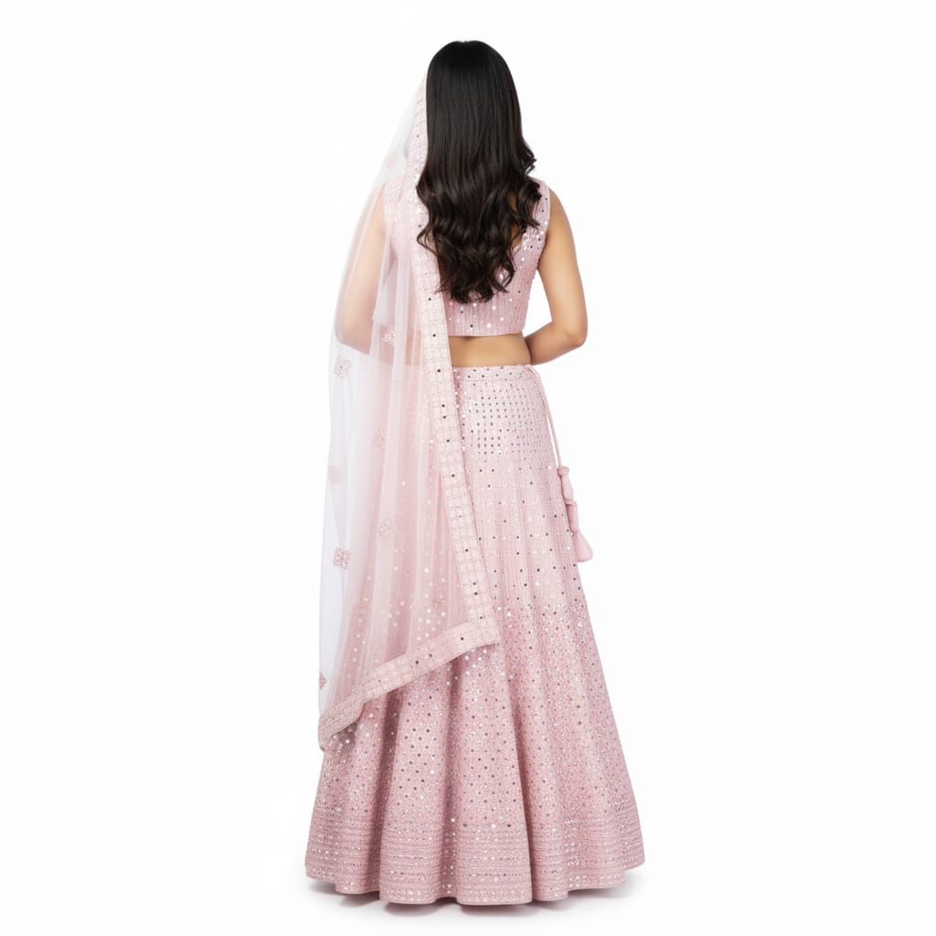 Silakaari Pure Net Mirror Pink Zari Work Unstitched Lehenga Set