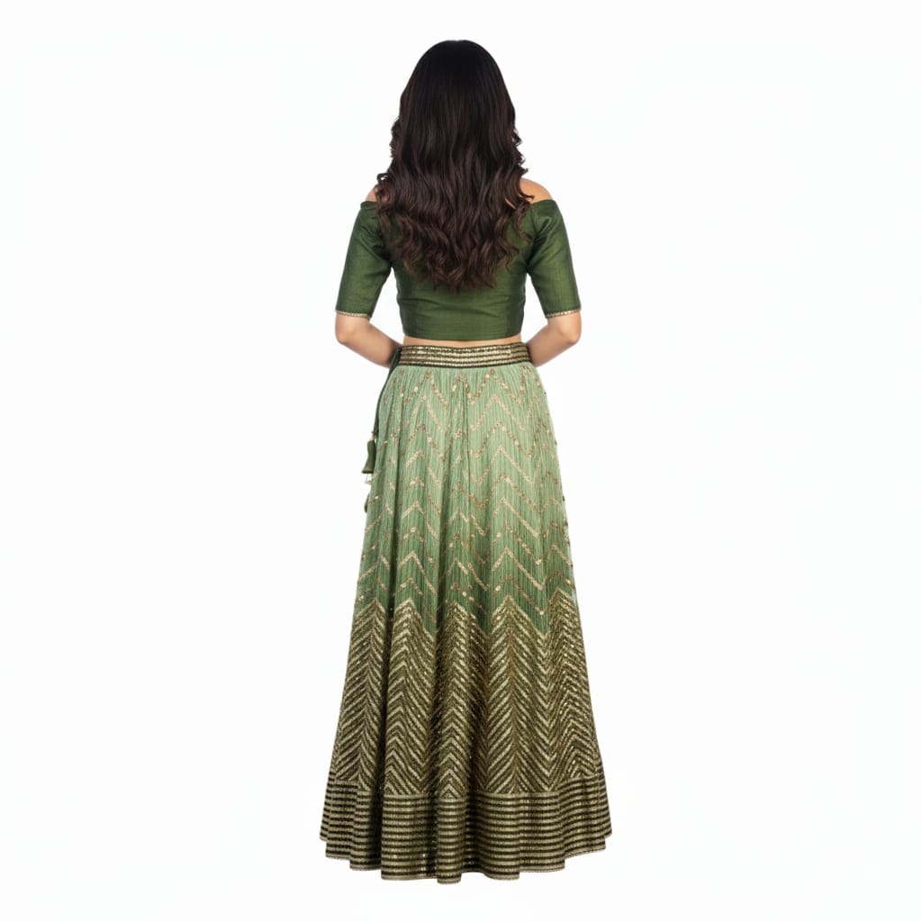 Silakaari Mehendi-Gold Shaded Pure Crepe Sequin Evening Unstitched Lehenga Sharara Set