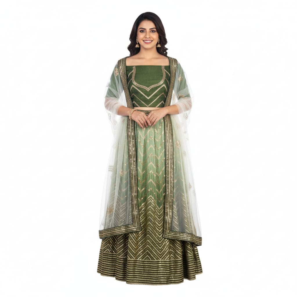 Silakaari Mehendi-Gold Shaded Pure Crepe Sequin Evening Unstitched Lehenga Sharara Set