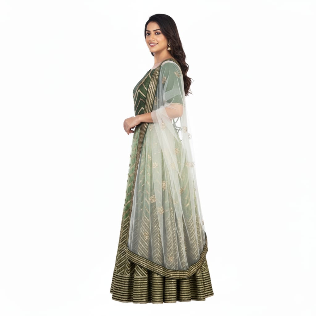 Silakaari Mehendi-Gold Shaded Pure Crepe Sequin Evening Unstitched Lehenga Sharara Set