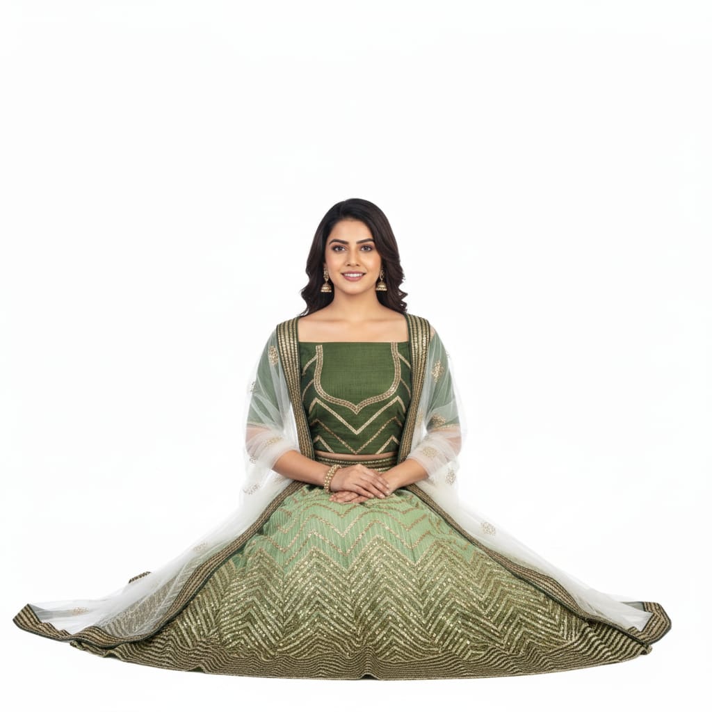 Silakaari Mehendi-Gold Shaded Pure Crepe Sequin Evening Unstitched Lehenga Sharara Set