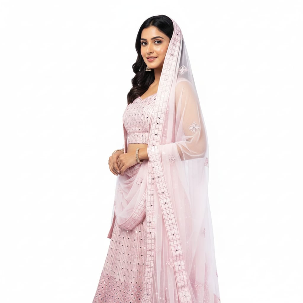 Silakaari Pure Net Mirror Pink Zari Work Unstitched Lehenga Set