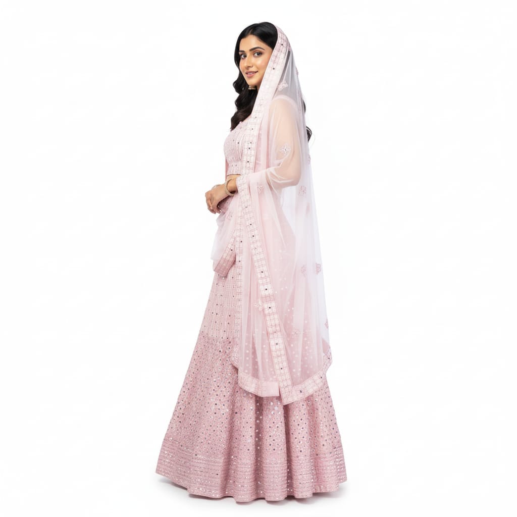 Silakaari Pure Net Mirror Pink Zari Work Unstitched Lehenga Set