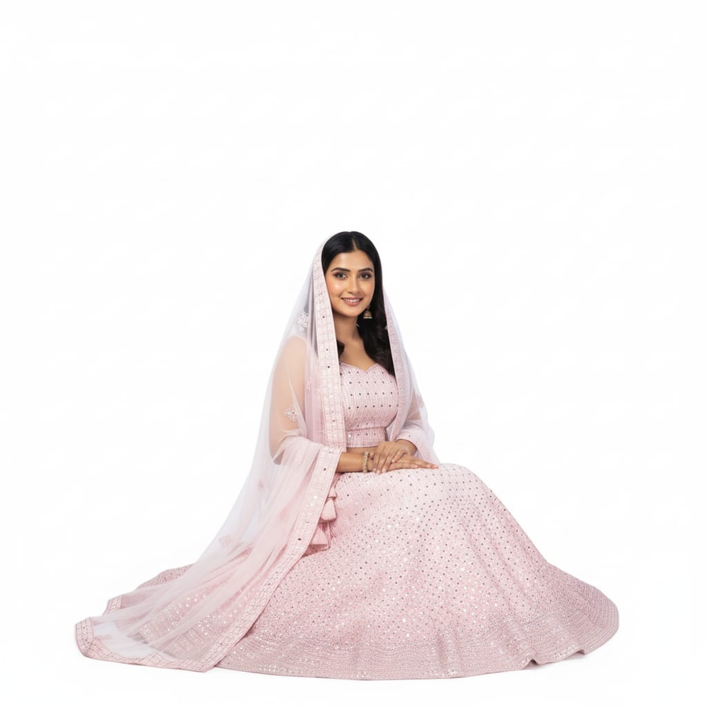 Silakaari Pure Net Mirror Pink Zari Work Unstitched Lehenga Set